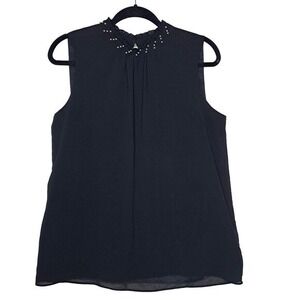 Karl‎ Lagerfeld Blouse Womens M Black Sleeveless High Neck Pearl Beaded Top